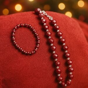Red Beaded Necklace & Bracelet Set – Faceted Burgundy Glass Beads
